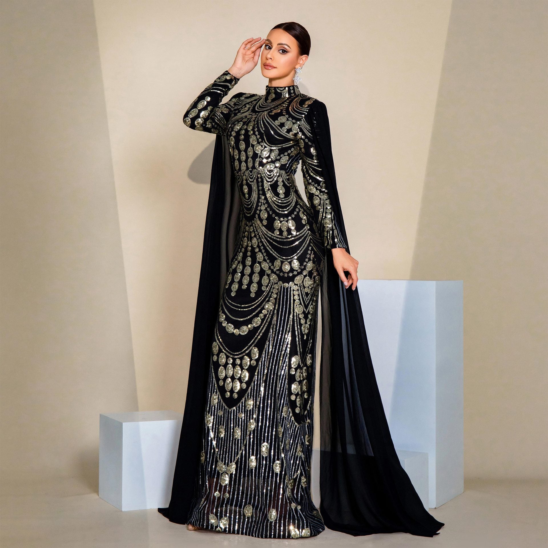 Women Sexy Sequin Long Sleeve Round Neck Formal Party Maxi Evening Dress 6