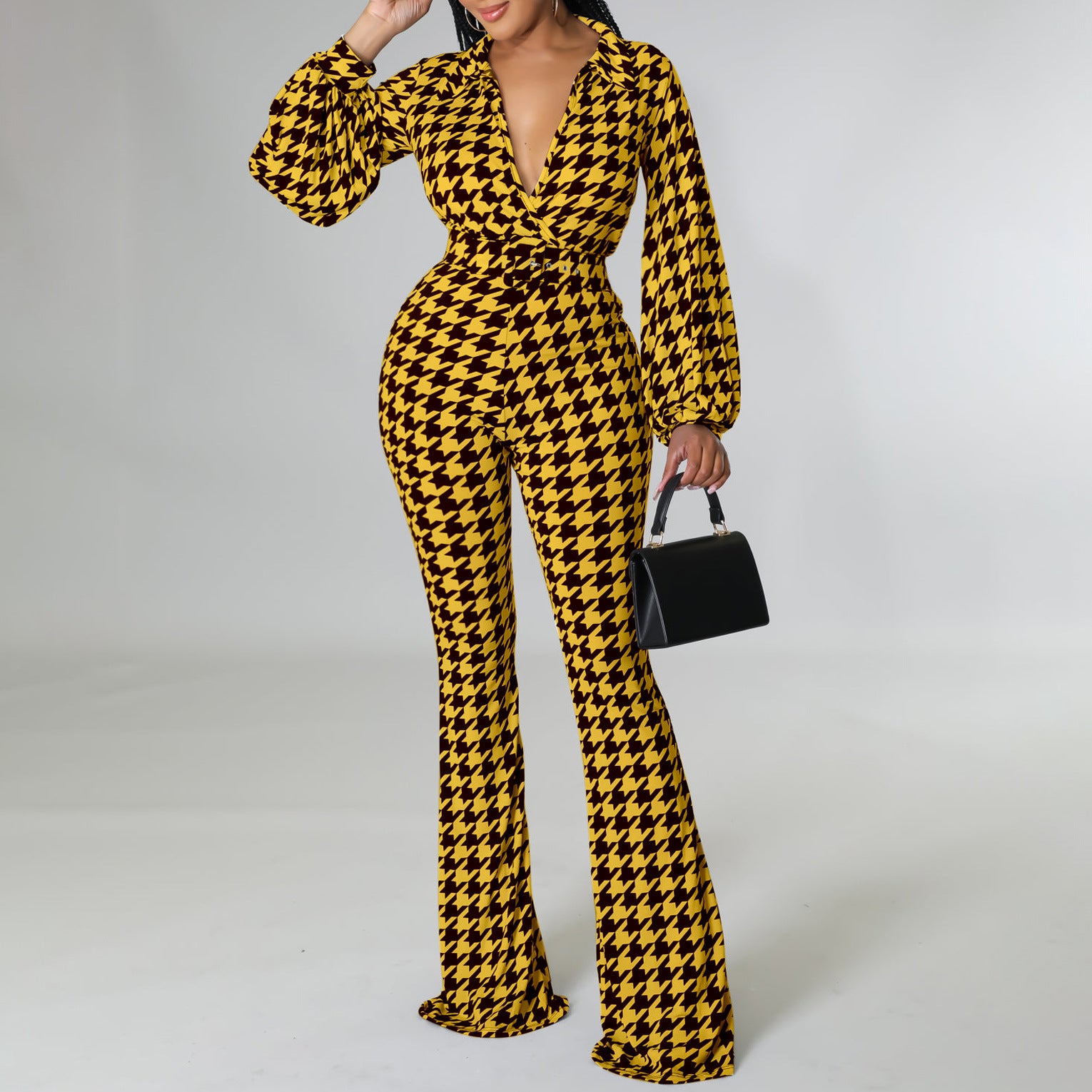 Women's Autumn and Winter V-neck Puff Sleeve Slim Waist Printed Wide Leg Plus Size African Jumpsuit 3