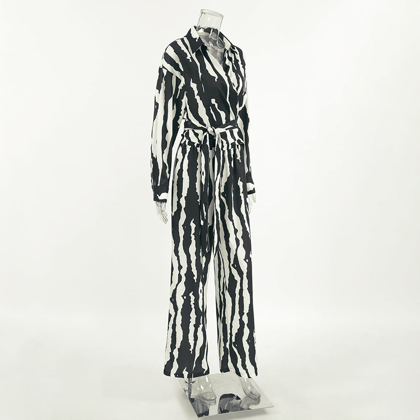 Women autumn and winter striped print long-sleeved top and trousers Two Piece Set 8