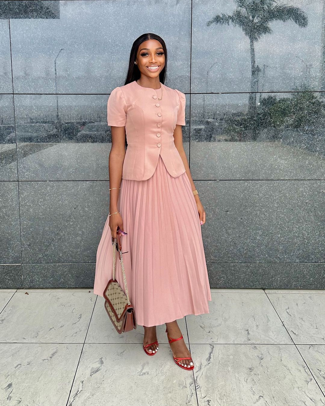 Autumn Career Women Button Short-Sleeved Top Pleated Skirt African Two-Piece Set