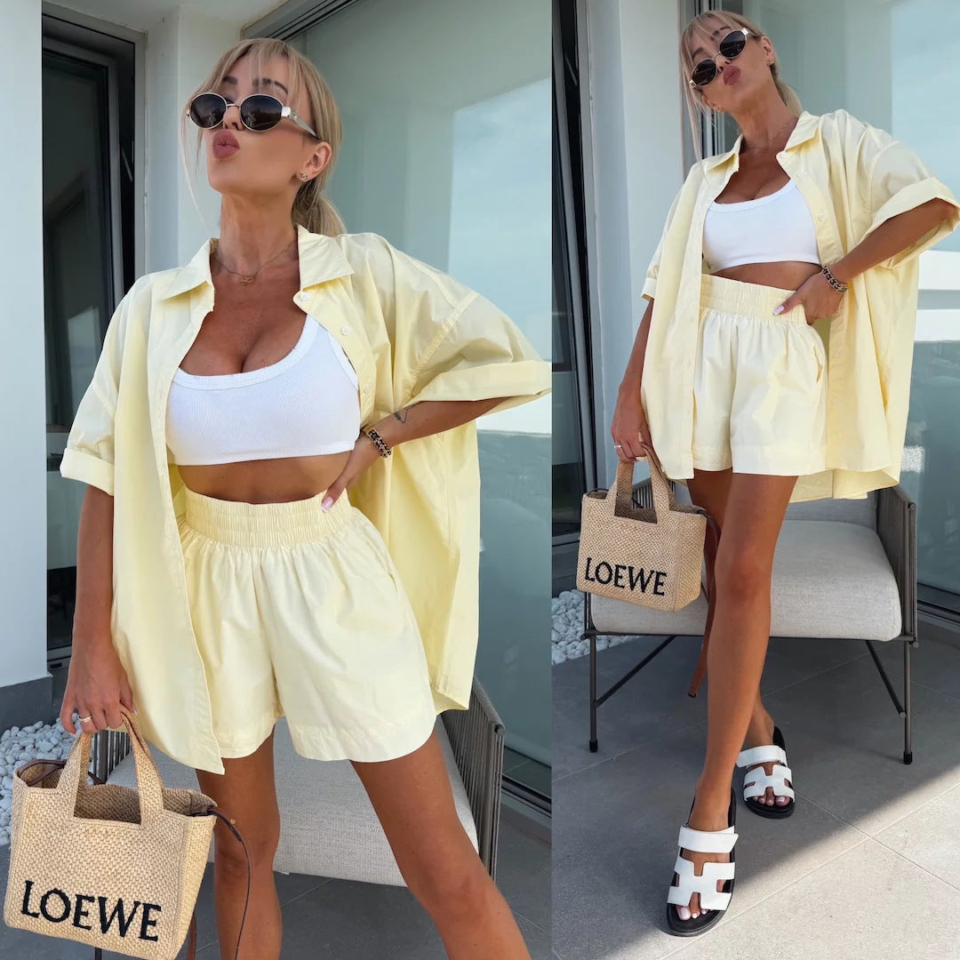 Women spring and summer Casual Solid short-sleeved shirt loose shorts two-piece set