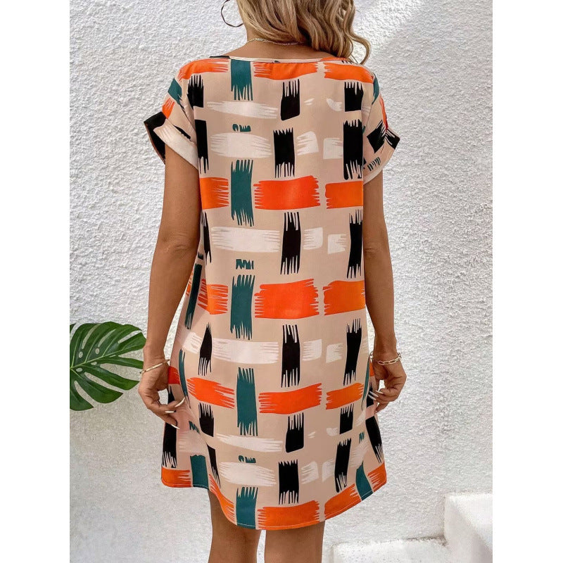 Women Summer Short-sleeved Printed Bat Sleeves Round Neck Dress 3