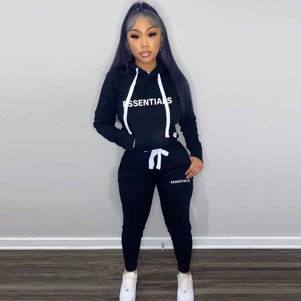 Women's Fashion Winter Fleece Drawstring Letter Print Hoodie Two-Piece Set with Pockets 8