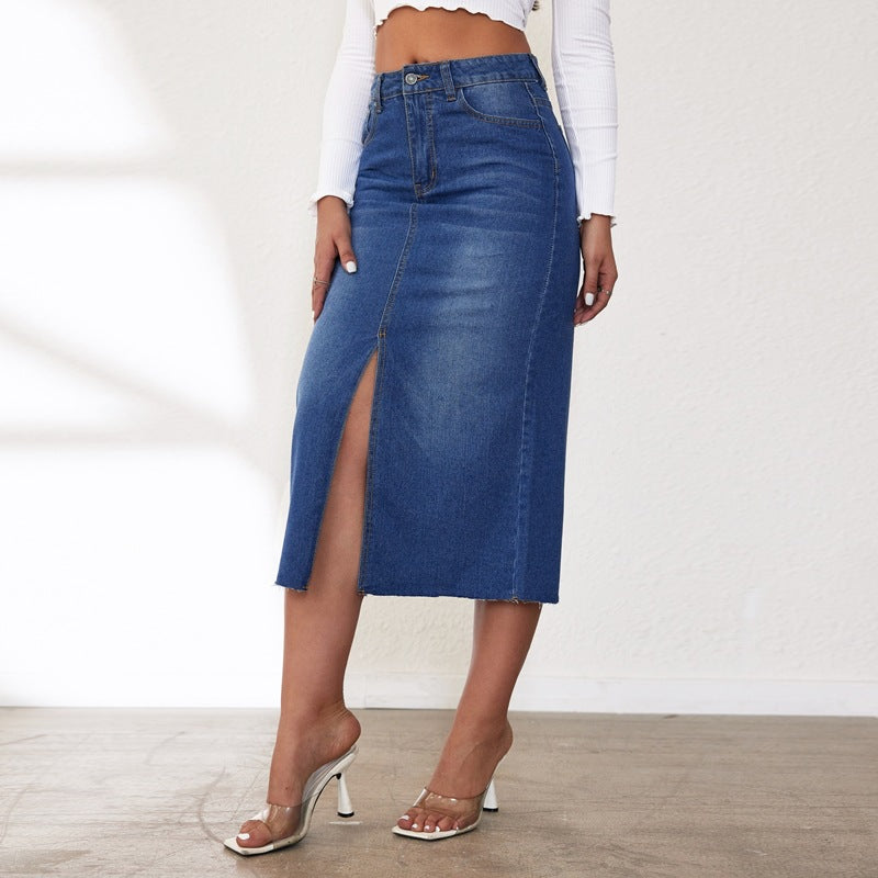Retro Women's Midi Slit Denim Skirt 7