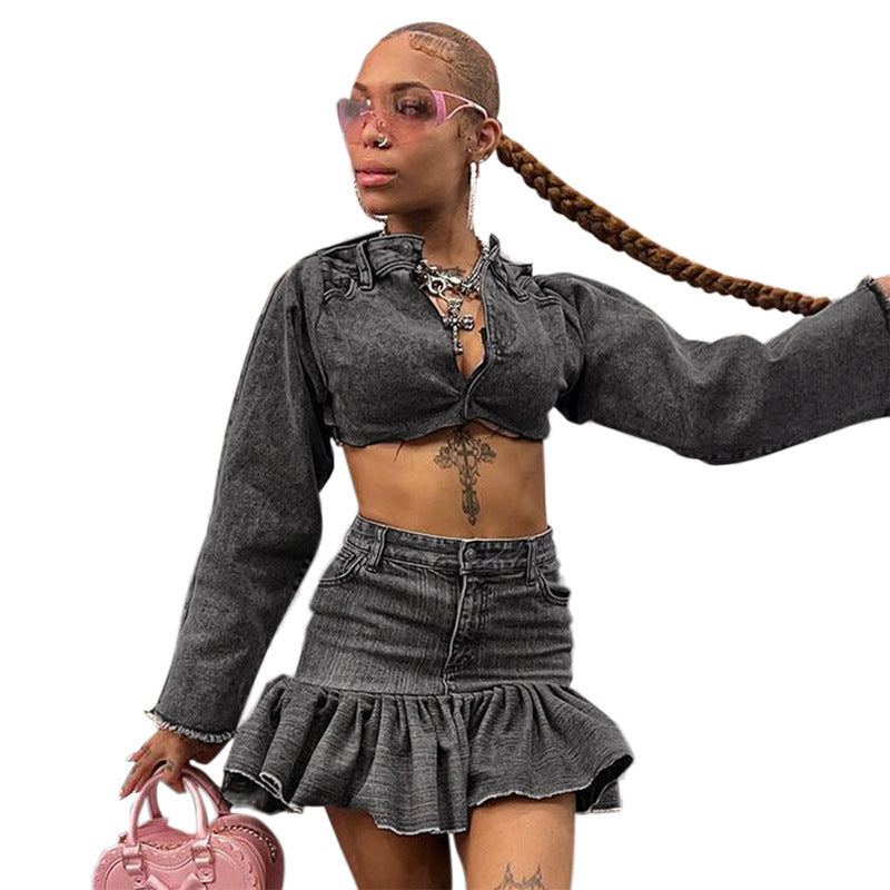 Women Autumn Solid Casual Button Zipper Denim Pleated Skirt 6