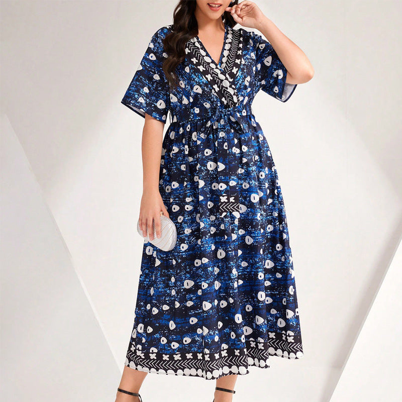 Women Spring Summer Blue Printed V-Neck Lace-Up Dress 5
