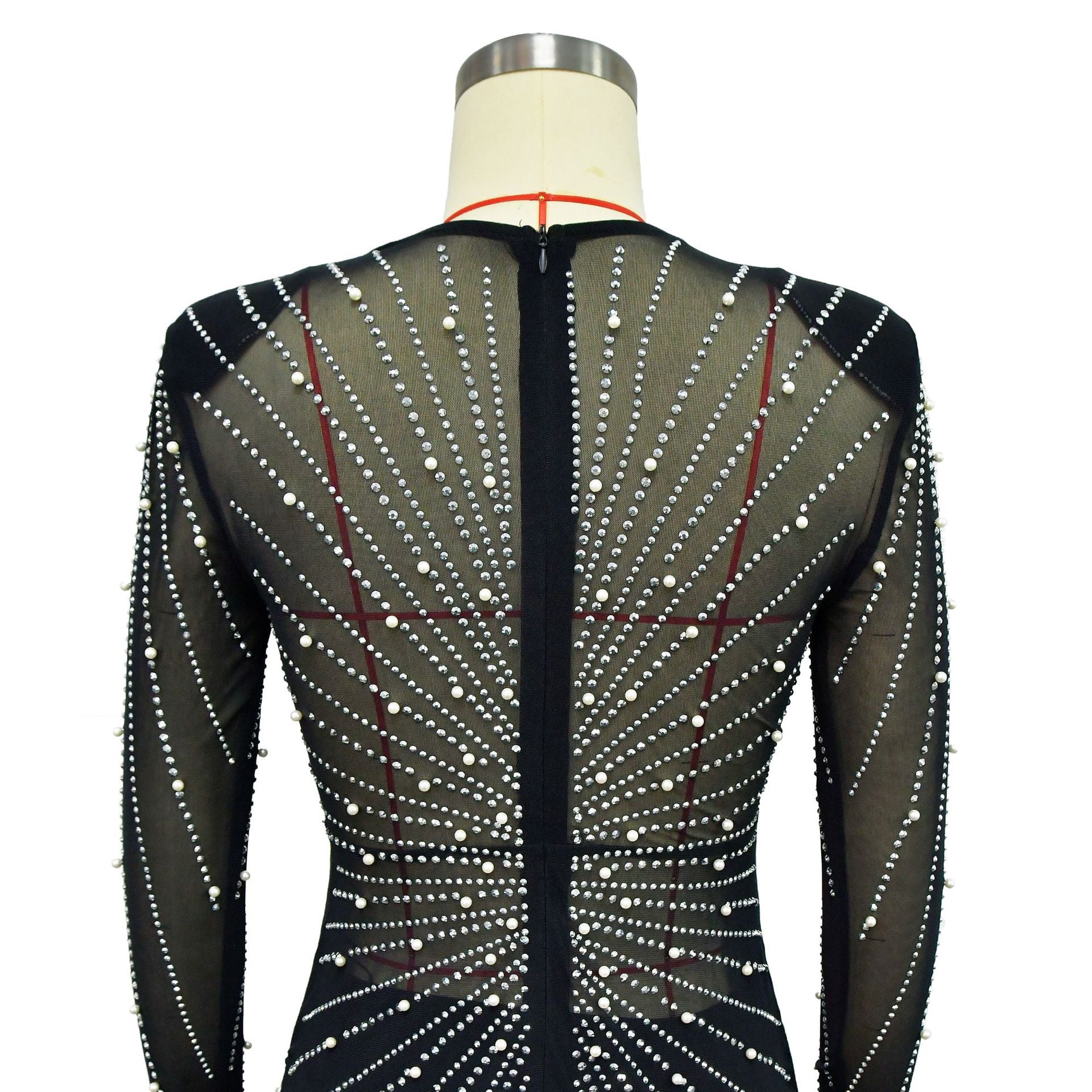 Women's Fashion Solid Color Mesh Beaded Long Sleeve Dress 21