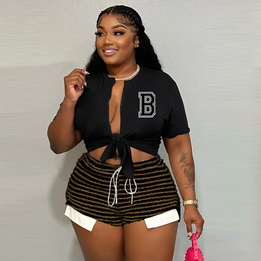 Striped Drawstring High Waist Shorts Sexy Fashion Casual Patchwork Plus Size Pants 6