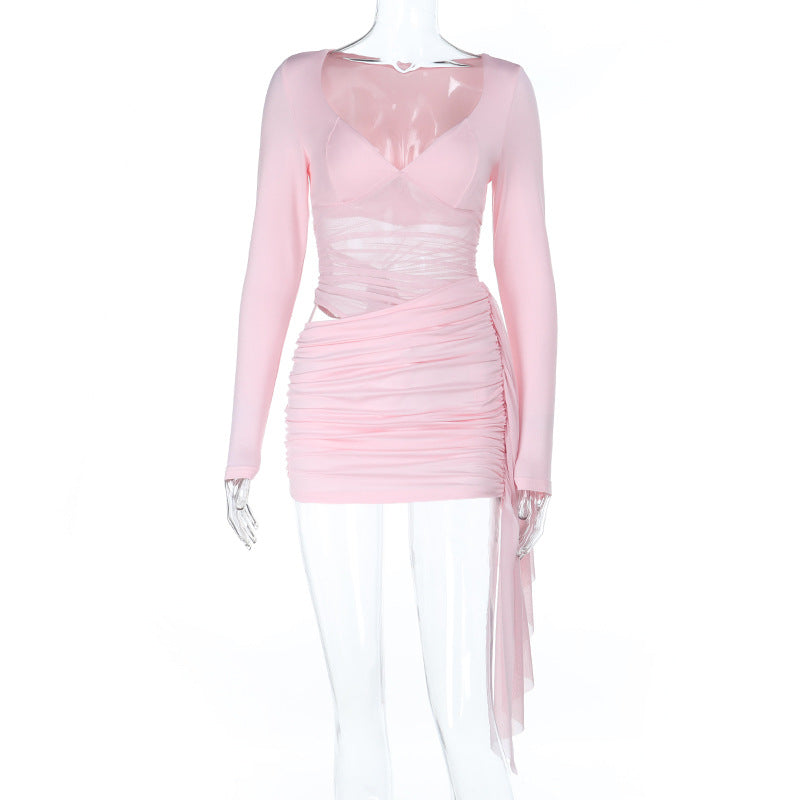 Women hollow mesh ribbon long-sleeved bodycon dress 8