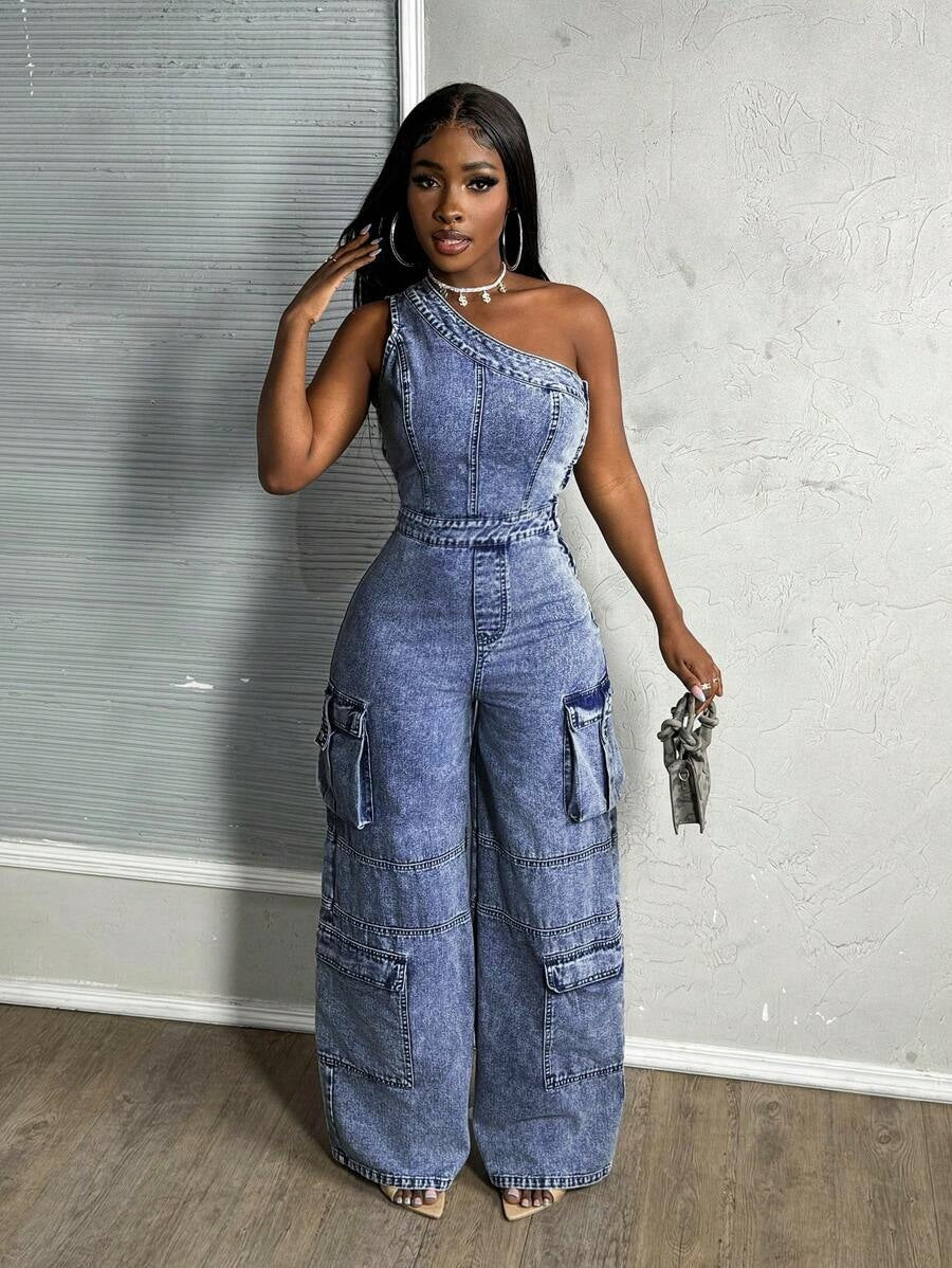 Women slash shoulder stretchy washed denim jumpsuit