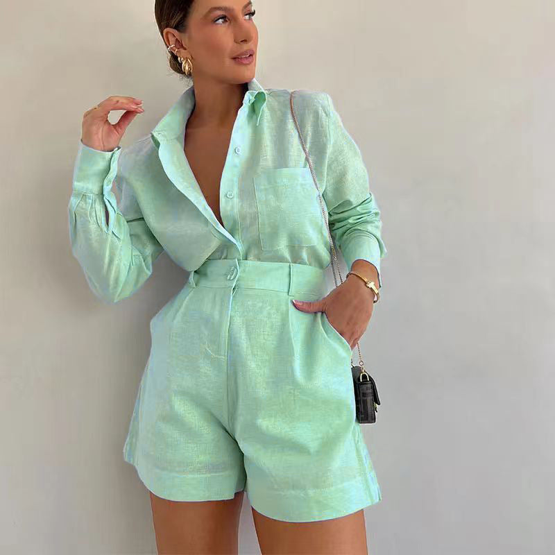 Women casual long-sleeved shirt and shorts two-piece set 10