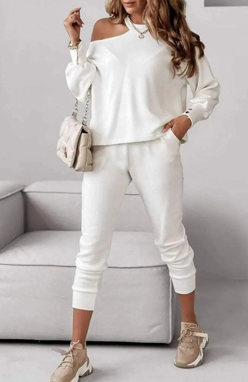 Women's Fashion Casual Solid Color Sexy Long Sleeve Single Shoulder Two Piece Pants Set 3