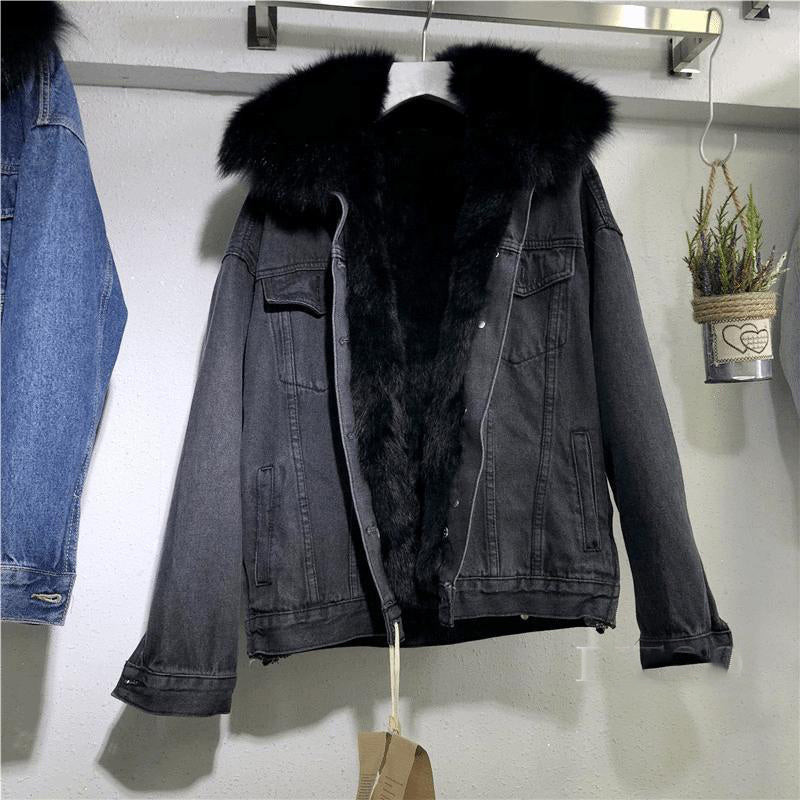 Women Winter Fur Collar Detachable Denim Plush Jacket