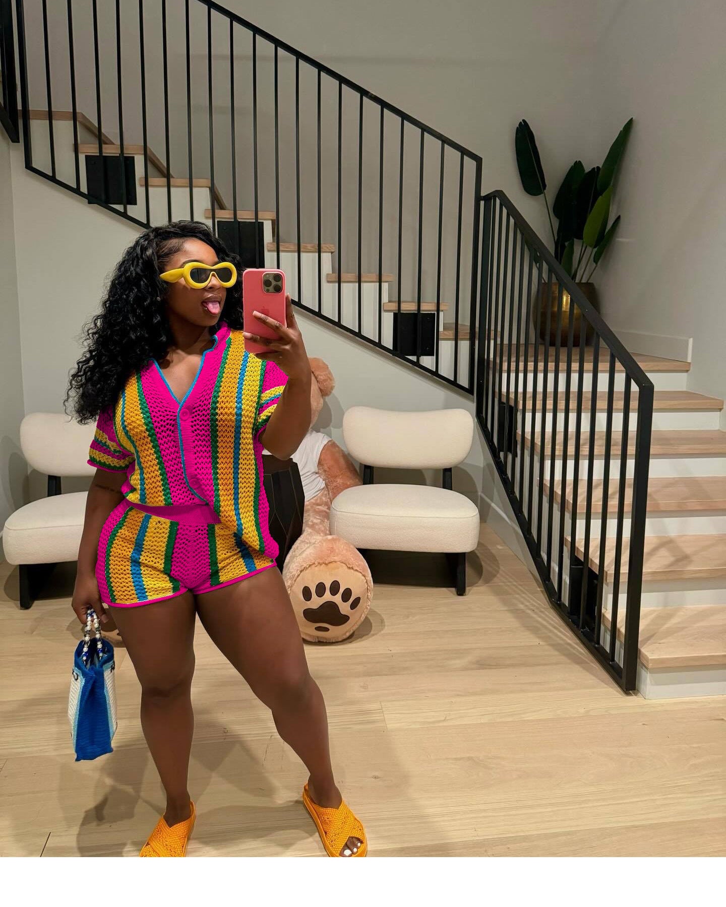 Women's Sexy Hollow See-Through Turndown Collar Knitting Two Piece Shorts Set 40