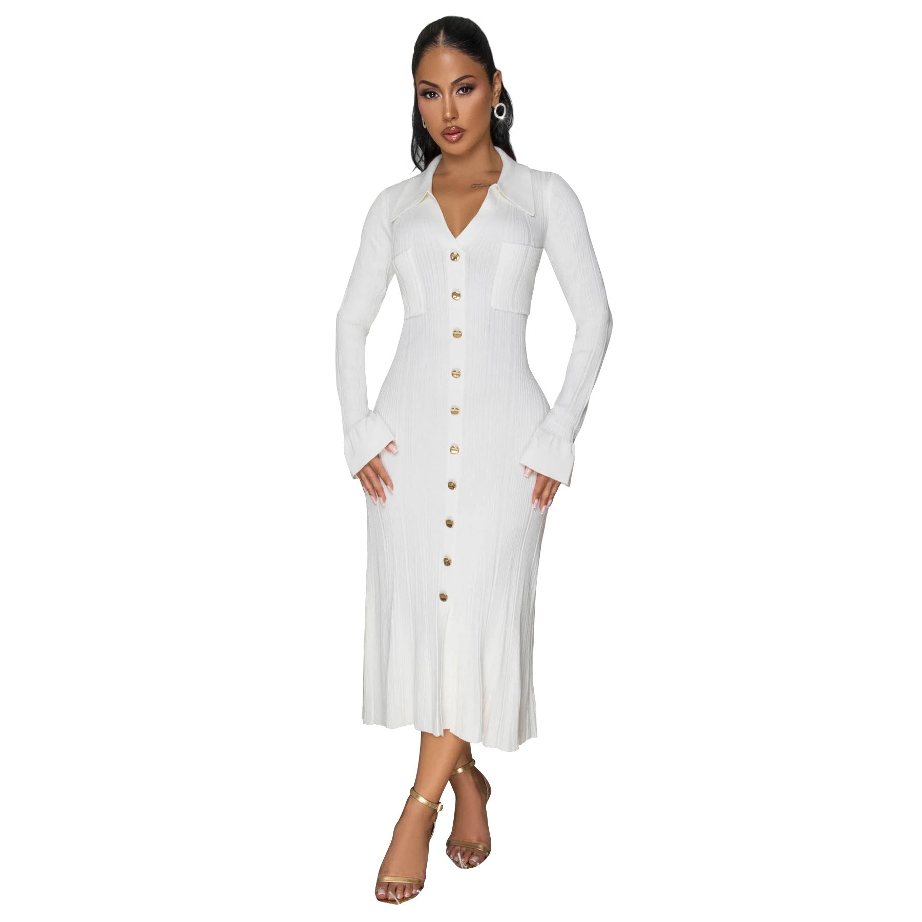 Women's Fashion V-Neck Single Row Buttons Long Sleeve Solid Long Dress 32