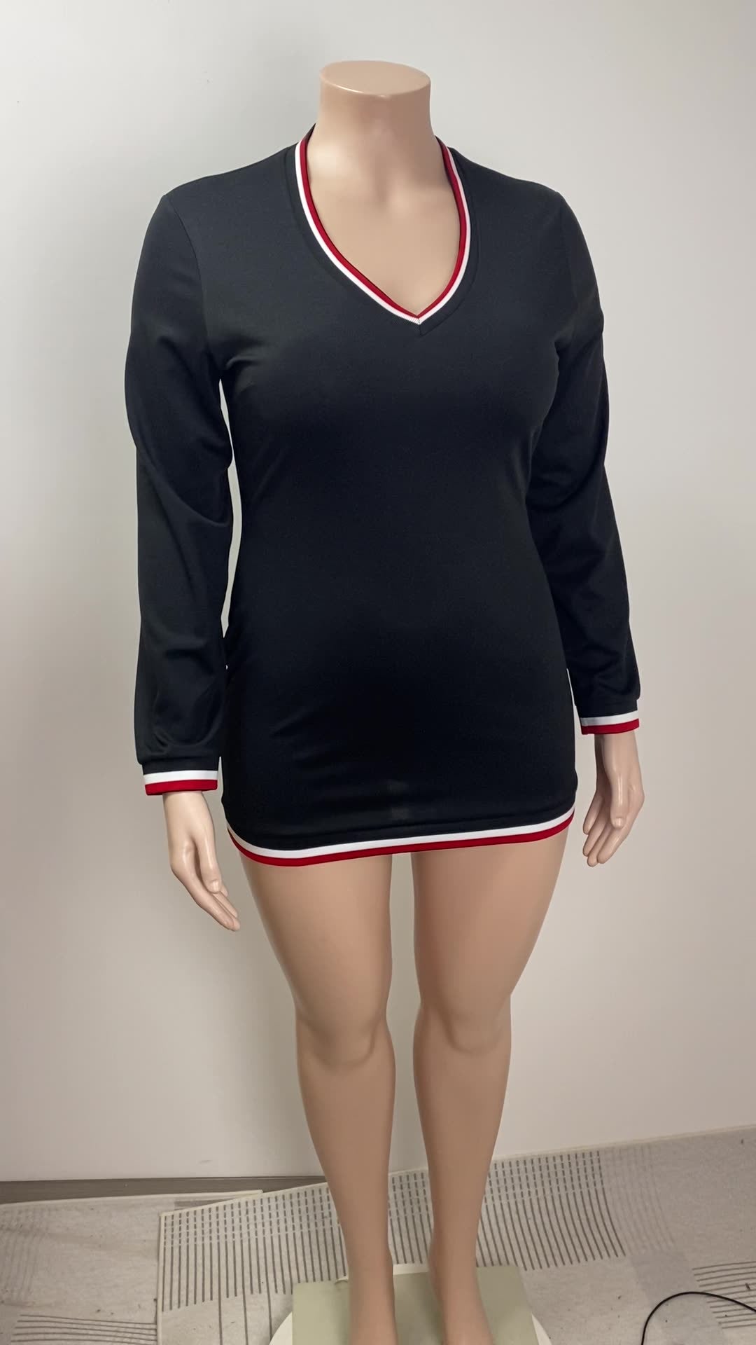 Women's Plus Size Slim V Neck Solid Color Long Sleeve Bodycon Dress