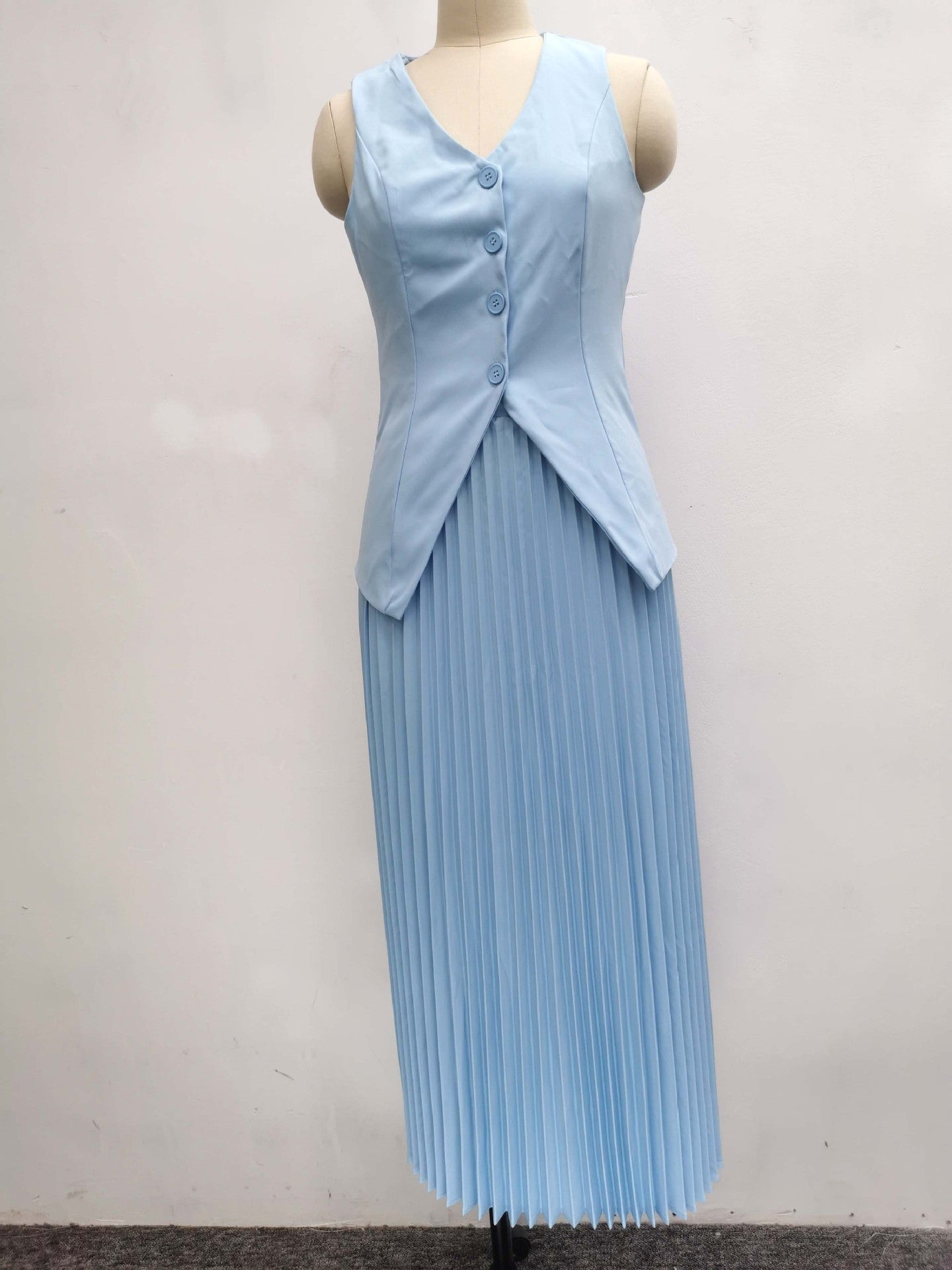 Summer Solid Color Chic Women's Vest Pleated Skirt Elegant Two-Piece Suit 21