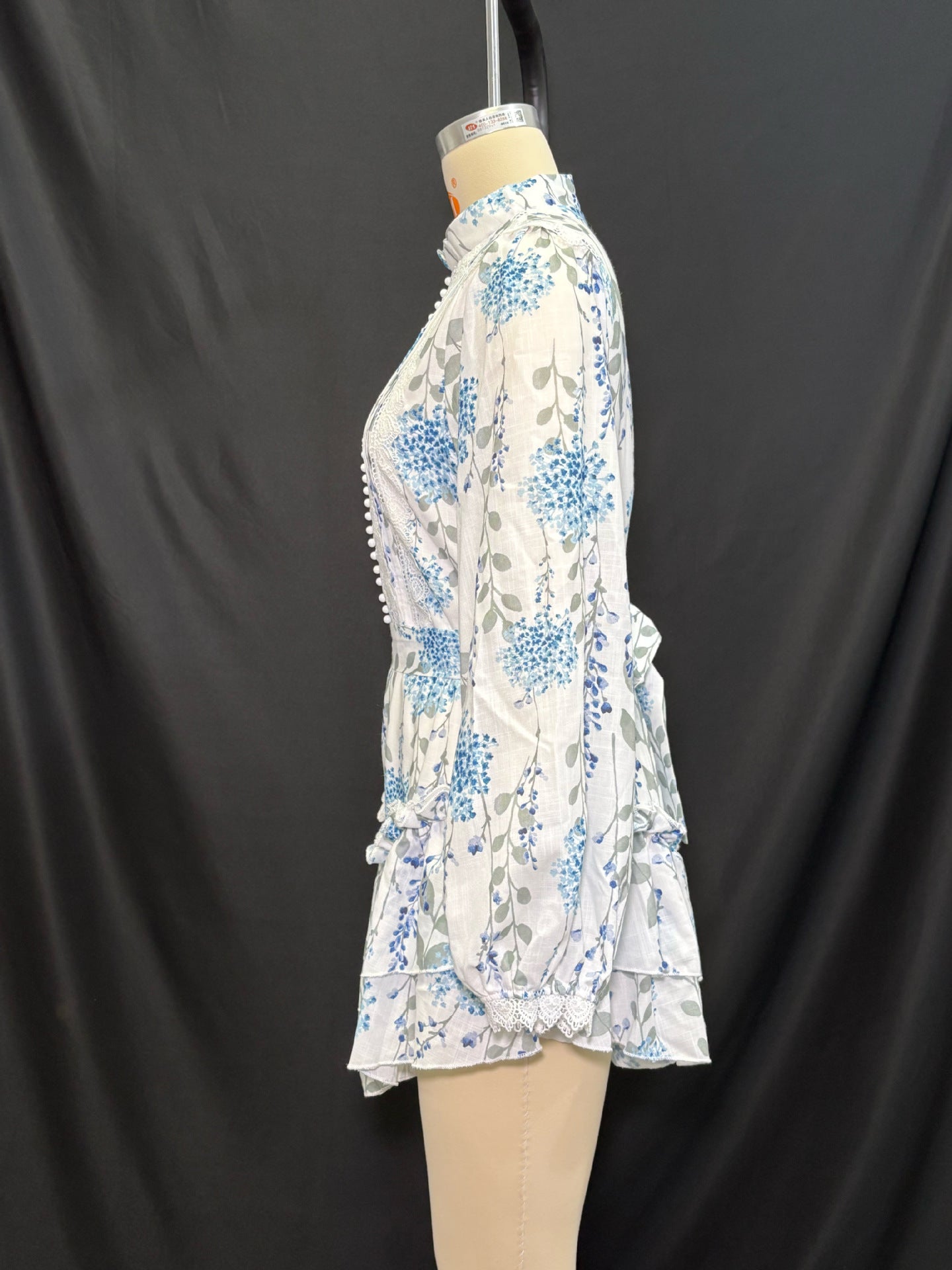 Women summer blue and white printed stand-collar puff sleeve long-sleeved ruffle dress 8
