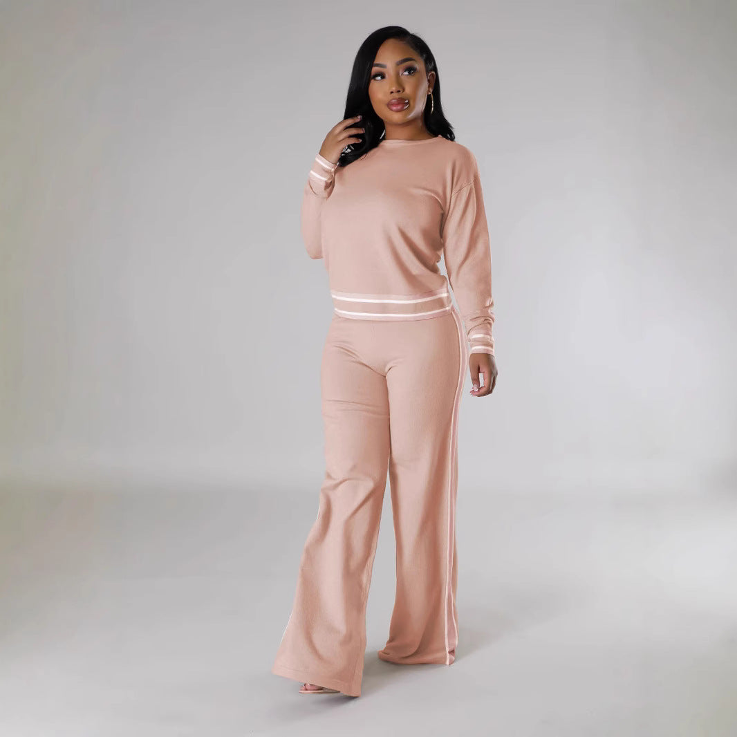 Women's Autumn And Winter Long-Sleeved Knitting Shirt Wide-Leg Trousers Casual Two-Piece Set 10