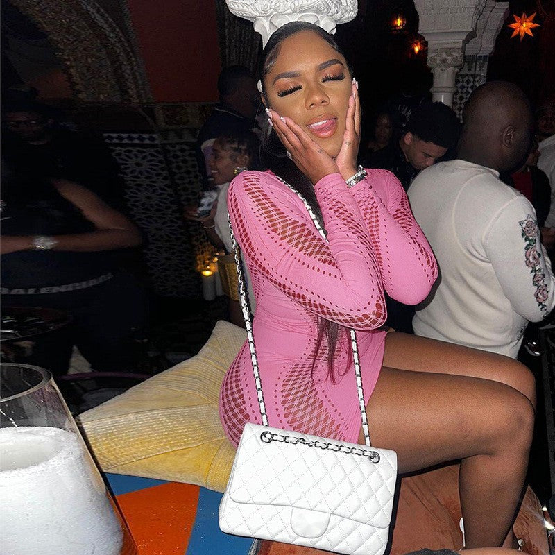 Spring Sexy Half Turtleneck Long-Sleeved Slim Hollow Knitting Mini Dress 9