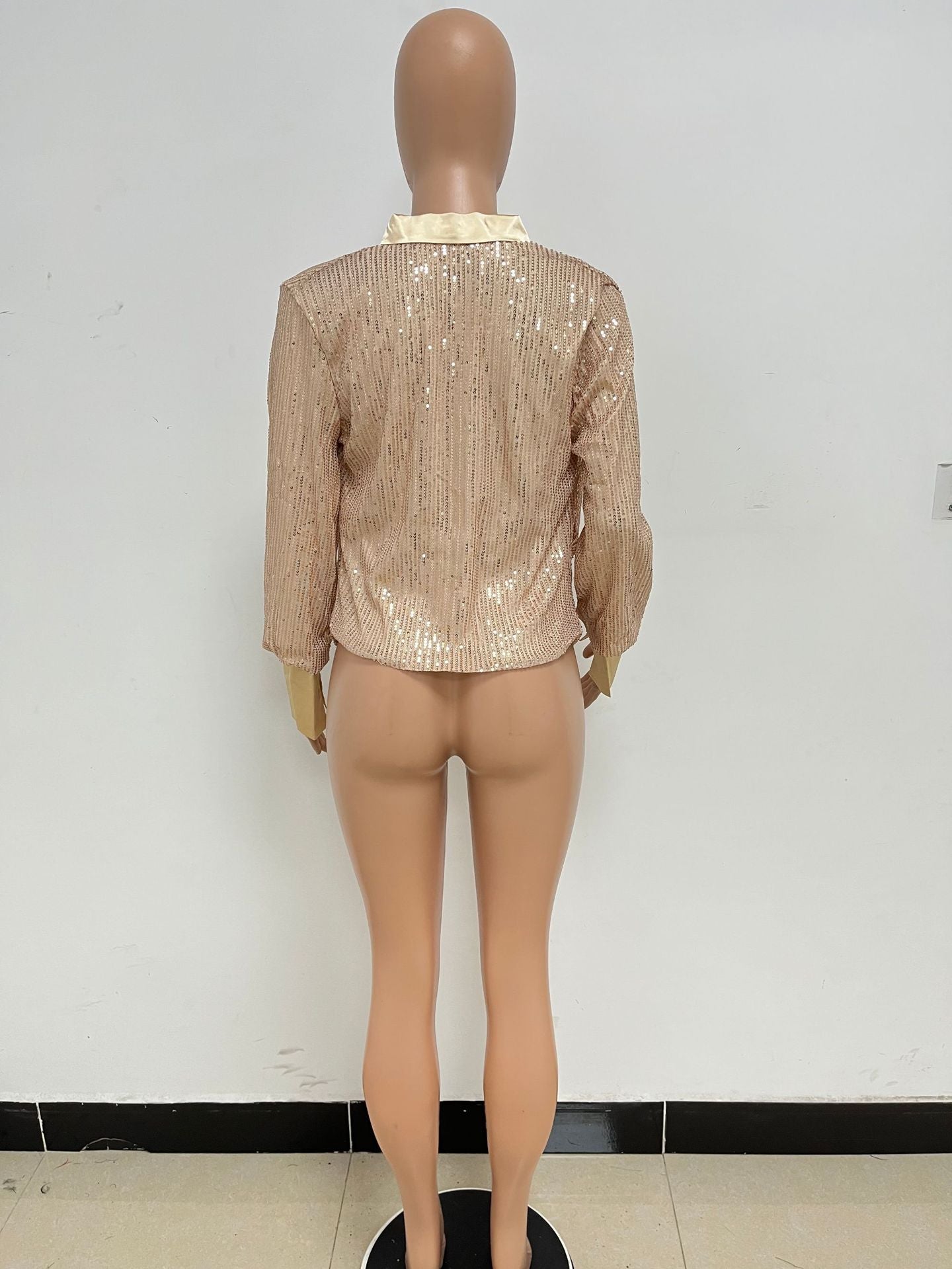 Women's Deep V Pleated Loose Ladies Chic Sequin Long Sleeve Shirt 29