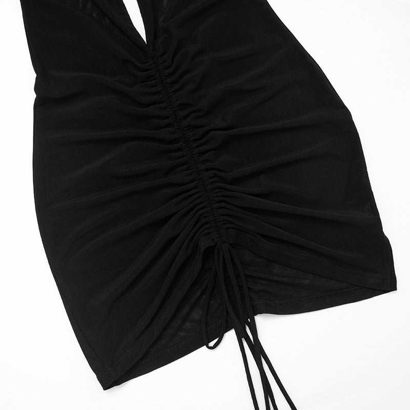 Women's Autumn Solid Color Sexy Off-Shoulder Short Sleeve Low Back Lace-Up Pleated Short Dress 25