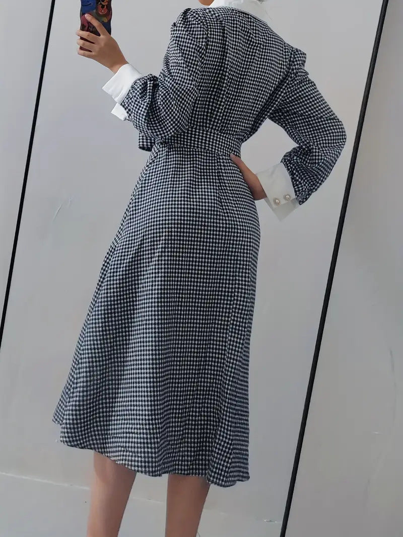 Women French Elegant Houndstooth Autumn Lace-Up Dress 3