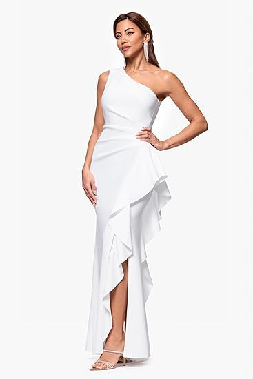 One-Shoulder Chic Elegant Solid Color Slim Waist High-Slit Side Ruffles Mermaid Evening Gown 3