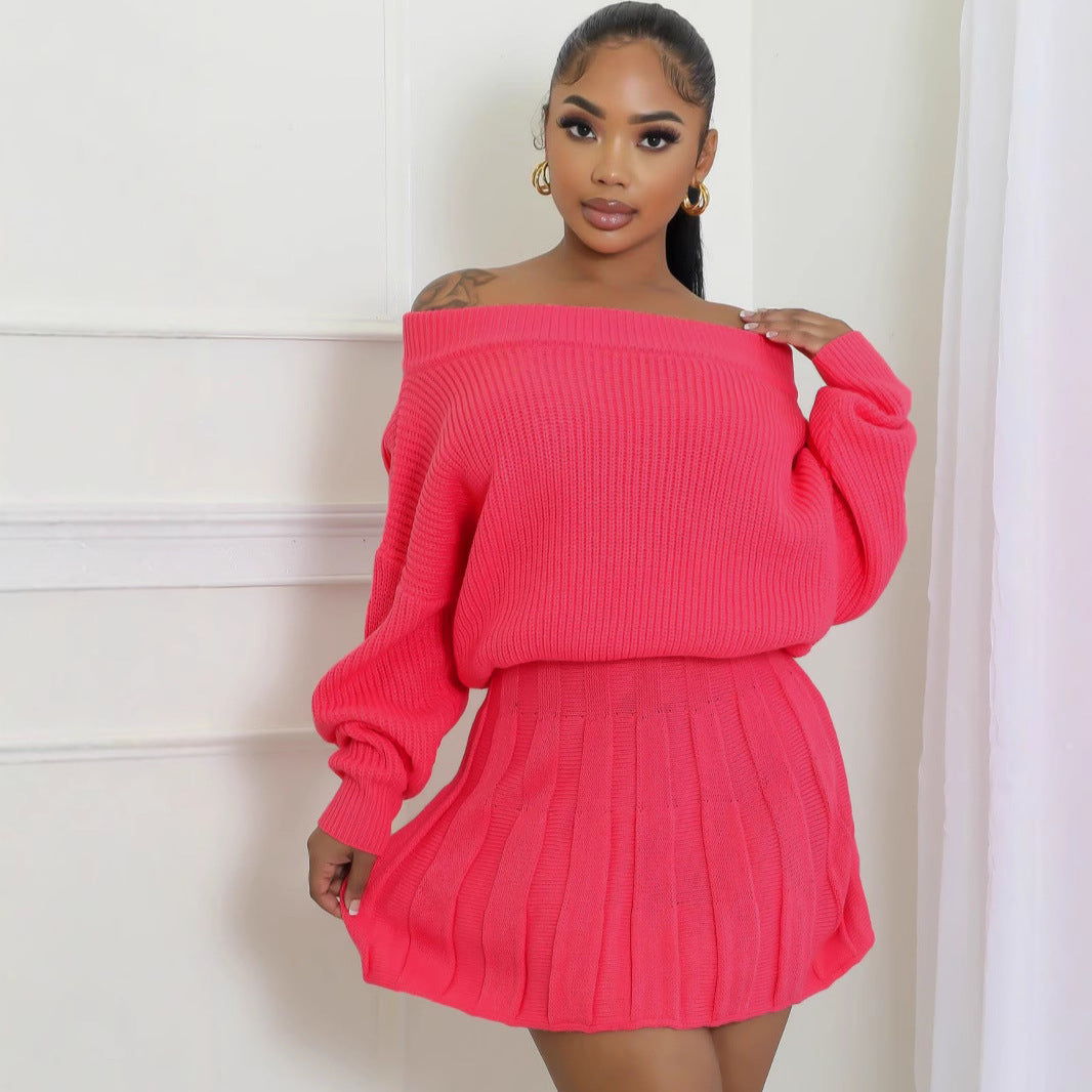 Women Fall Winter Casual Off Shoulder Solid Top and Pleated Skirt Two Piece Set 8