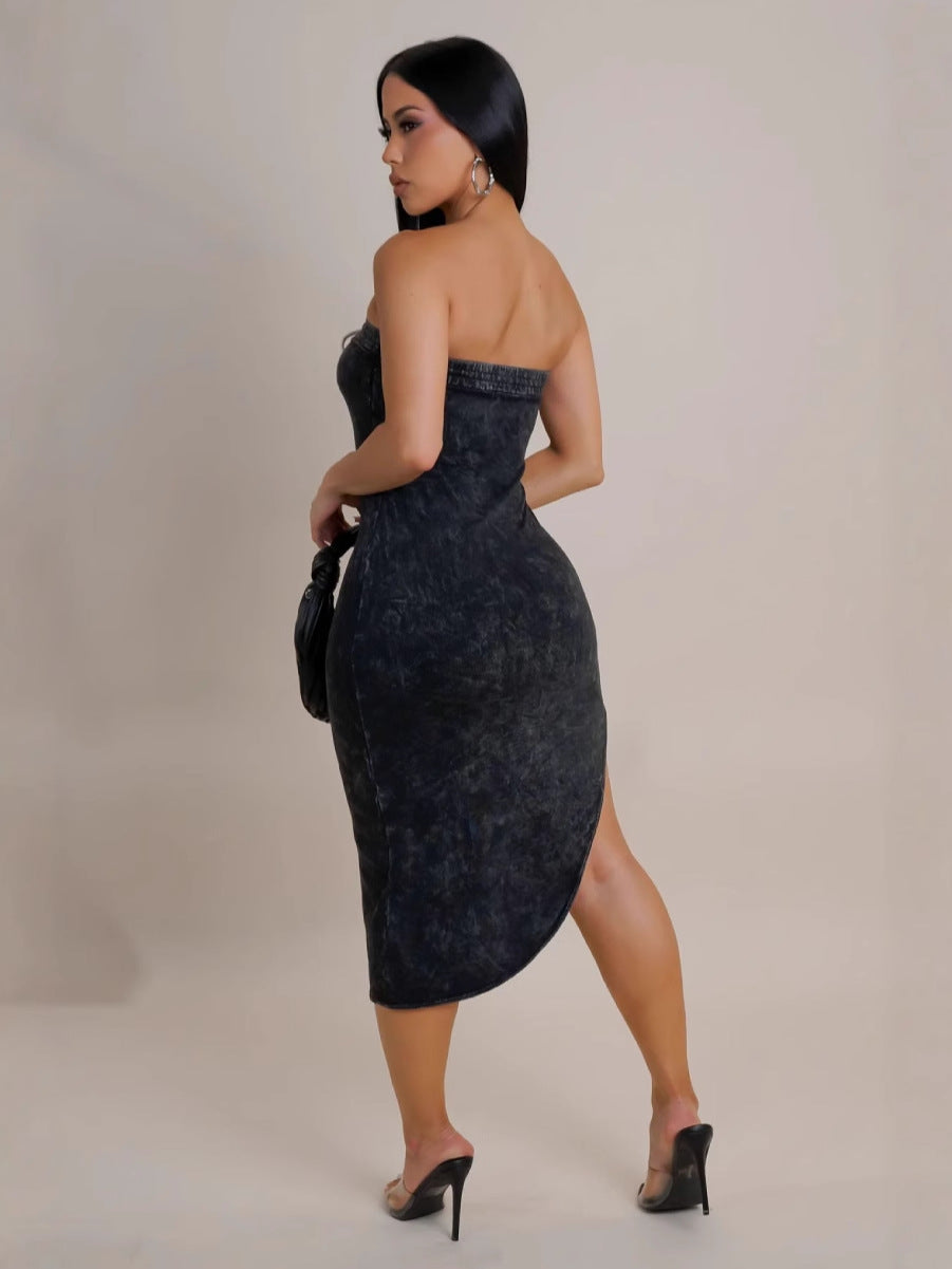 Women Summer Irregular Print Strapless Dress 4