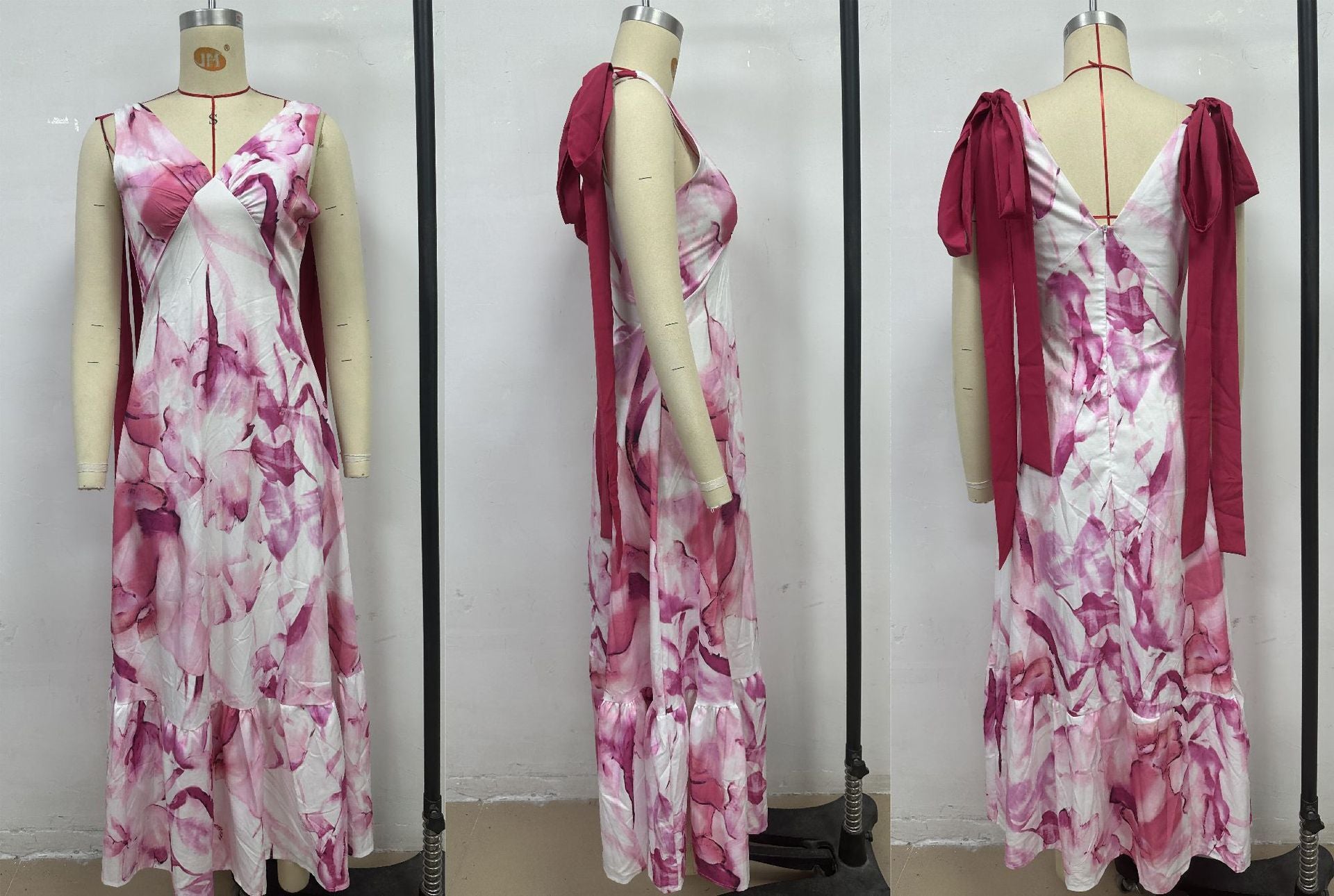 Summer Lace-up Women's V-neck Sleeveless Print Long Dress 14