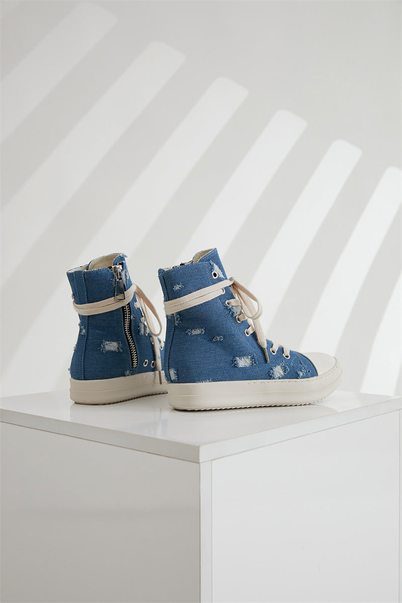 Platform Canvas Shoes Women's Washed Couple High-Top Shoes Ripped Denim Style Trendy Shoes For Men 23