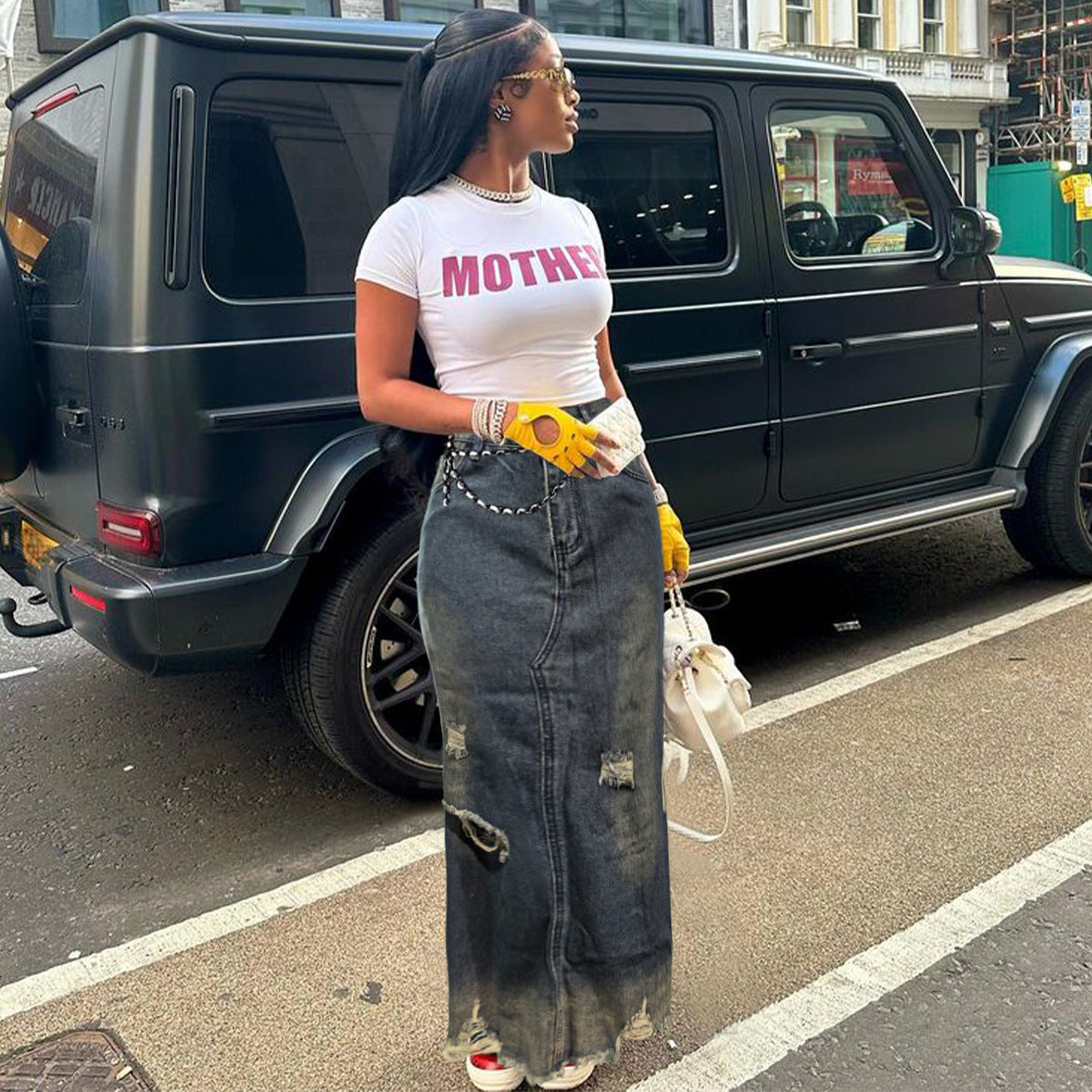 Pocket Distressed Ripped Straight Fit Loose Denim Skirt 4