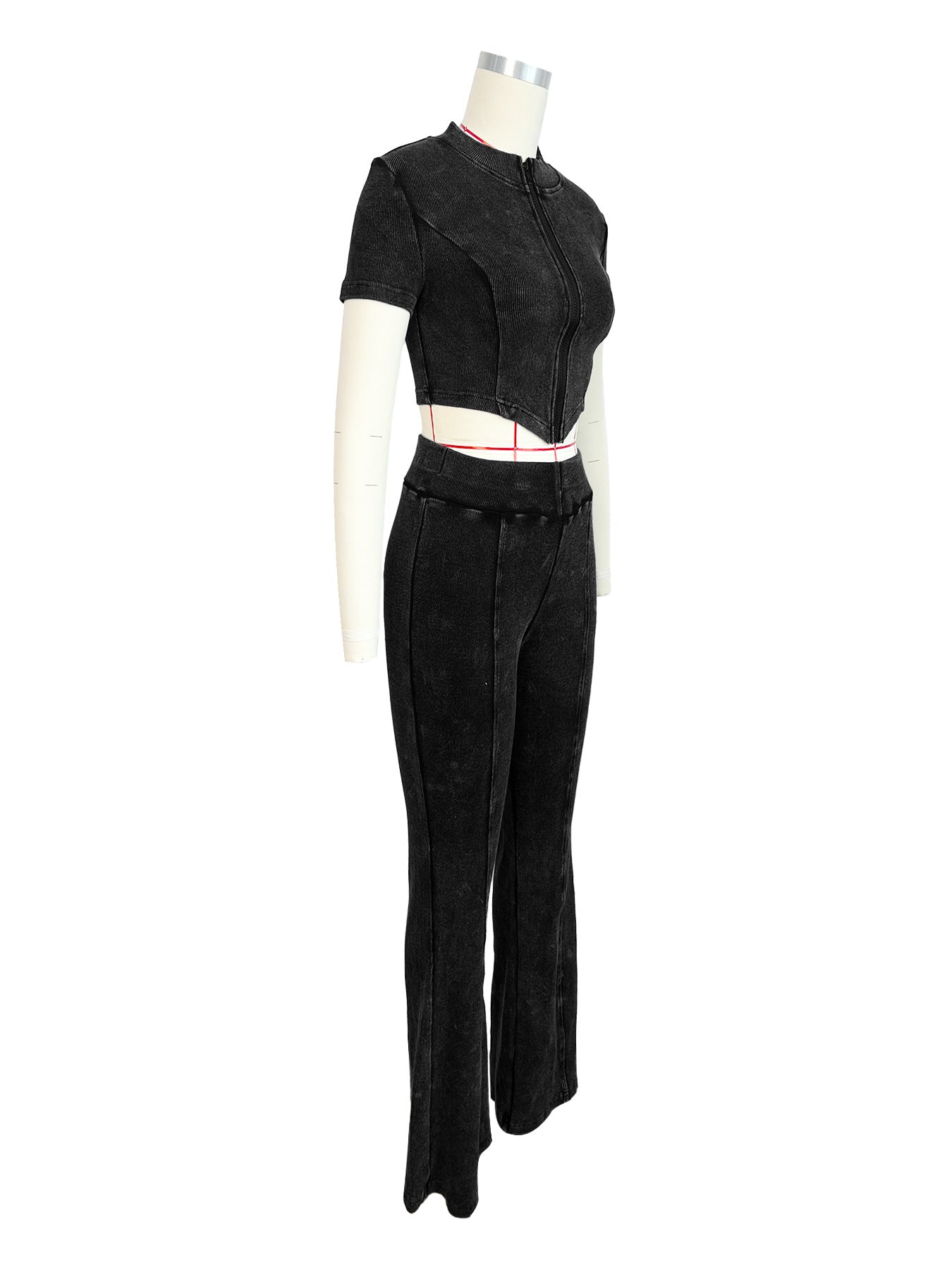 Women's Clothing Ribbed  V-Hem Short Sleeve Top Bell Bottom Pants Two Piece Set 9