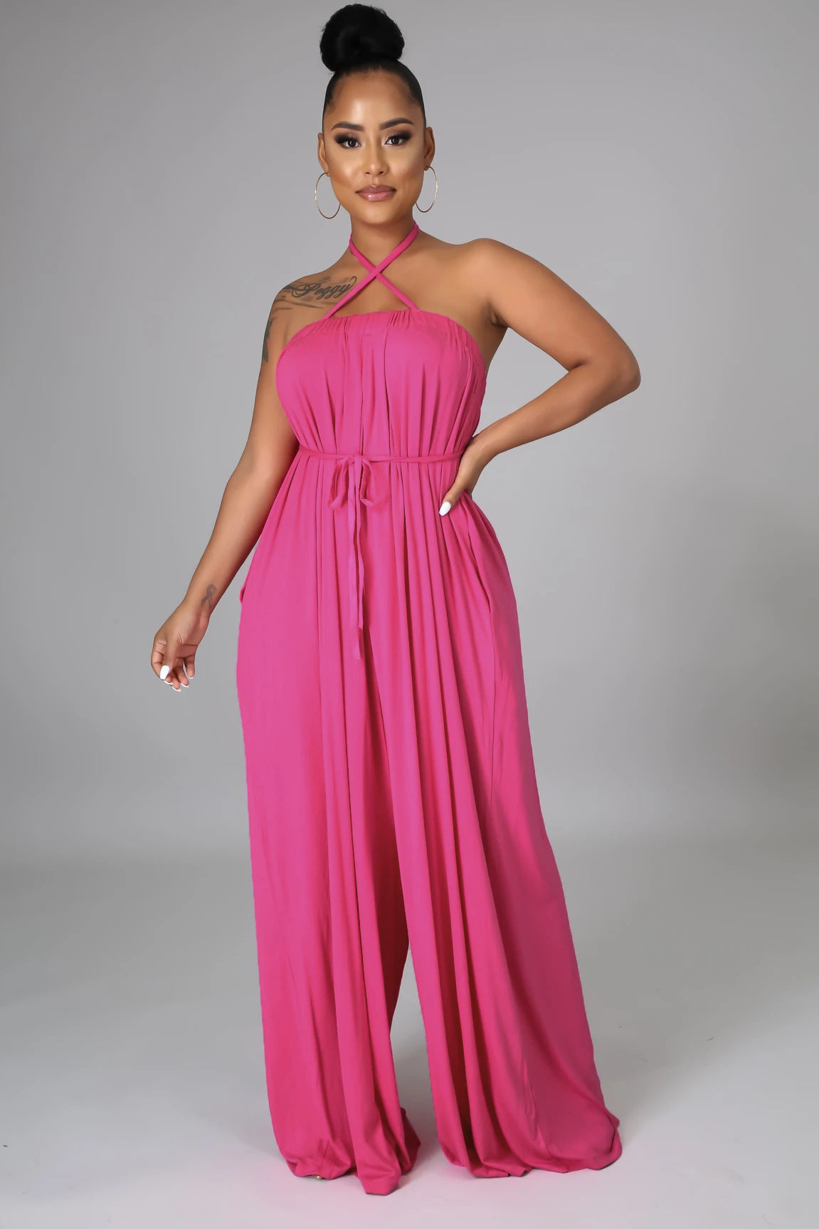 Solid Color Summer Sleeveless Slim Waist Wrapped Breast Loose Wide Leg Women's Jumpsuit 7