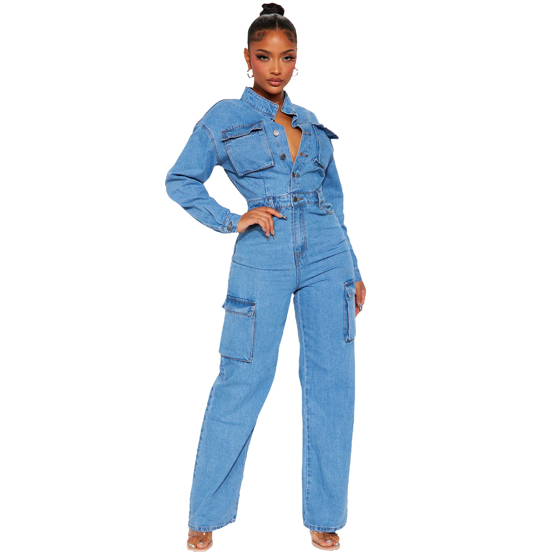 Spring Long Sleeve Pocket Washed Denim Cargo Jumpsuit