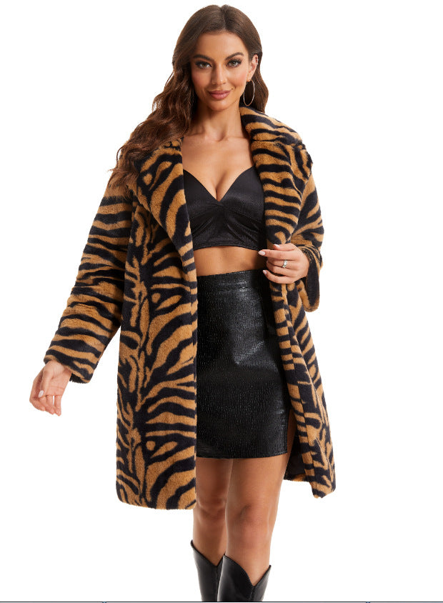 Women Autumn and Winter Zebra Print Faux furry Turndown Collar Warm Jacket 8