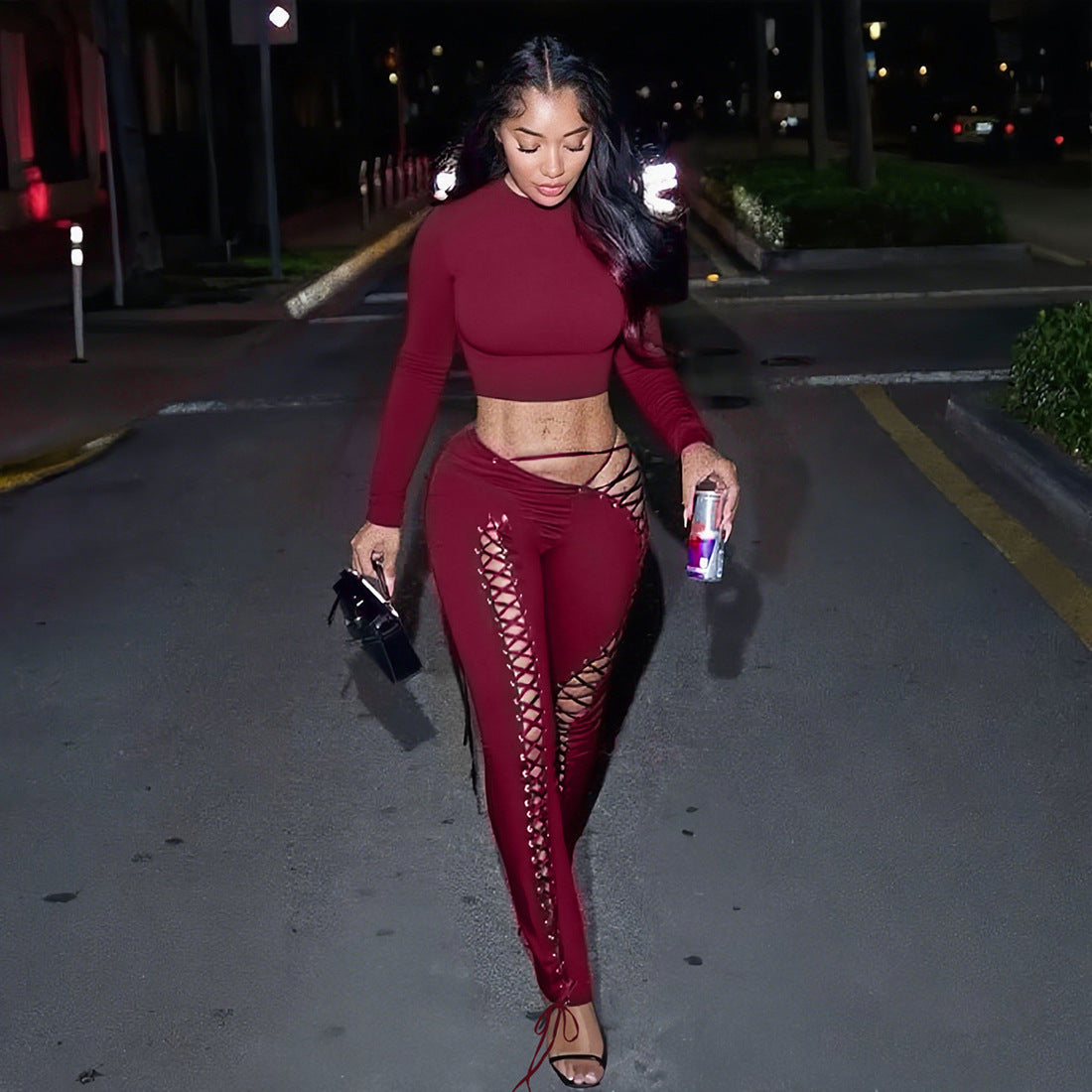 Women Fall/Winter Long-Sleeved Sexy Cutout Lace-Up Pants Two-Piece Set 15