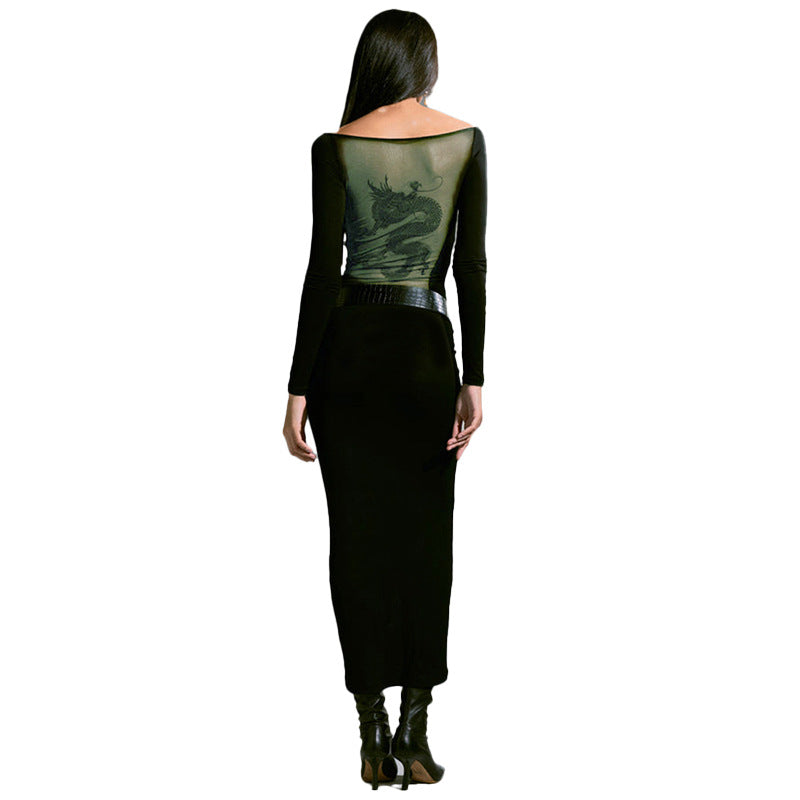 Women's Autumn Casual Patchwork Mesh Dragon Print Long Sleeve Slim Dress 6