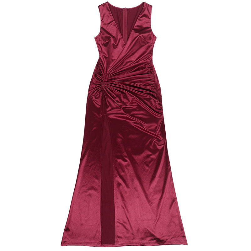 Women Sexy V Neck Satin Slit Strap Dress 14