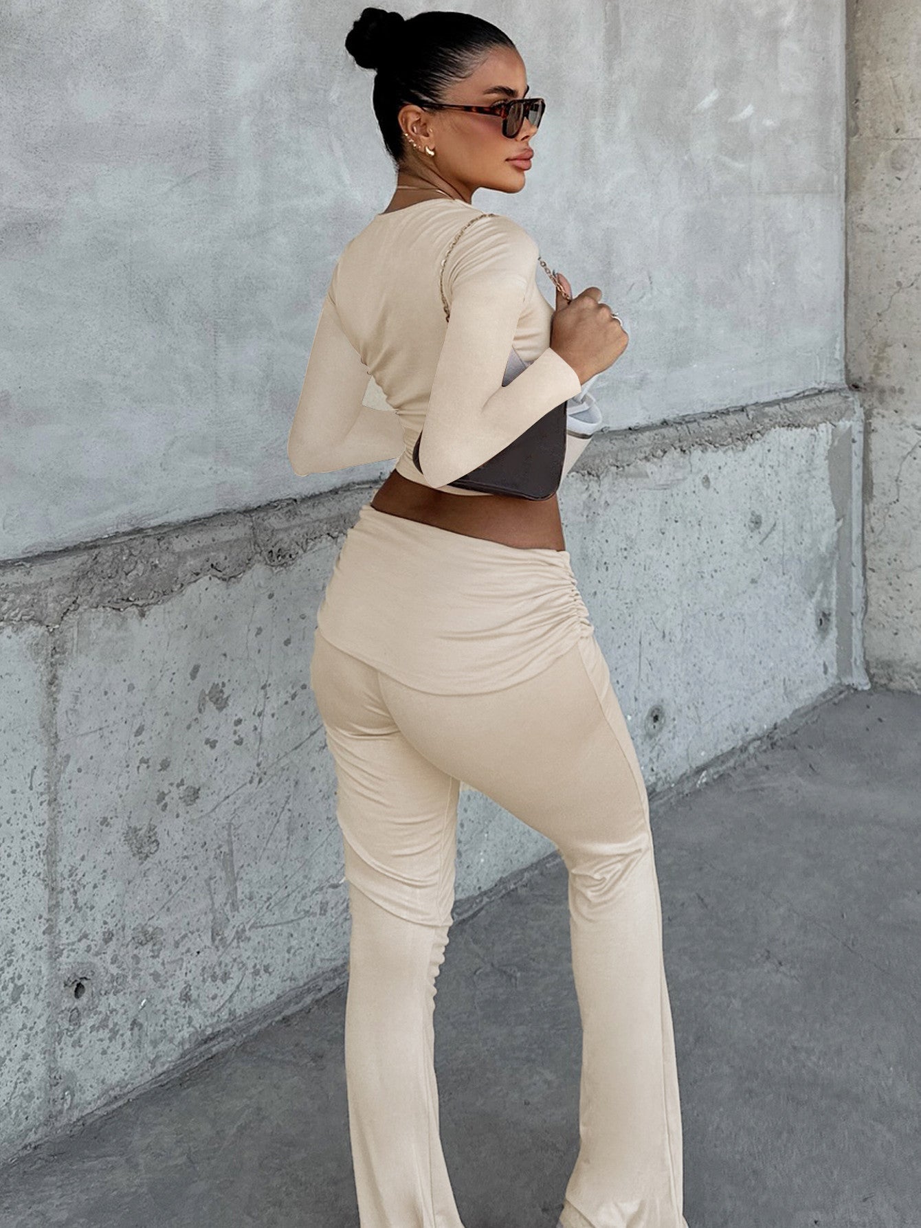 Women's Autumn Winter Solid Color Long Sleeve Tight Fitting Two-Piece Pants Set 4