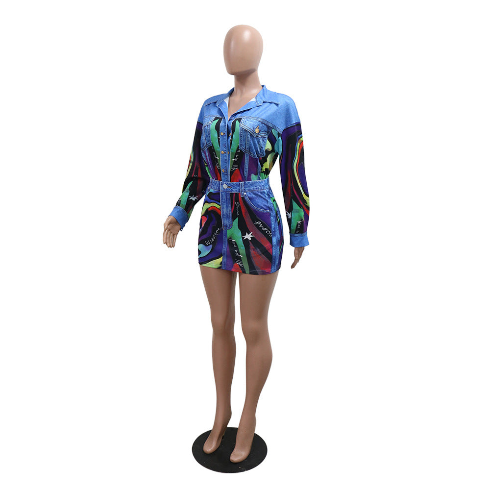 Women's Printed Turndown Collar Long Sleeve Shirt Top Sexy Slim Bodycon Short Skirt Two-Piece Set 7