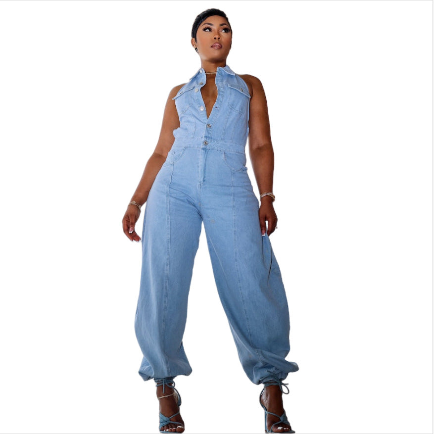 Sleeveless Low Back Washed High Stretch Casual Denim Jumpsuit 4