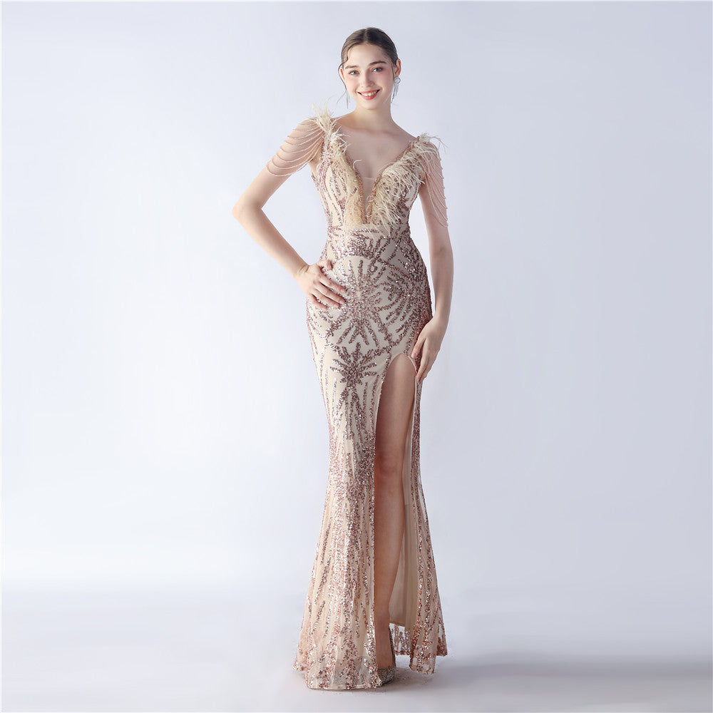 Elegant Feather And Beaded Long Sequined Evening Dress 15