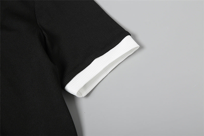 Summer Women's Short-Sleeve Turndown Collar Top with Bodycon Shorts Set 21