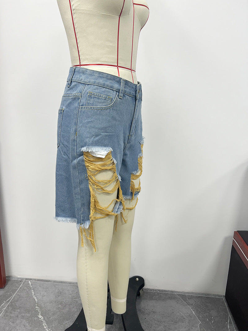 Summer Women's Denim Shorts Ripped Loose High Waist Knee-Length Shorts 27