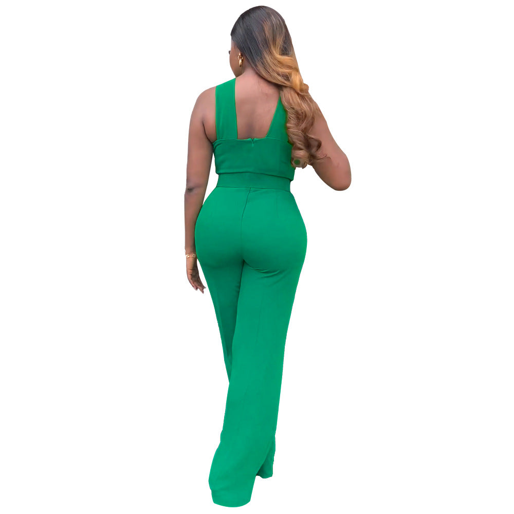 Summer Sleeveless Low Back Solid Color High Waist Strap Straight Jumpsuit 7