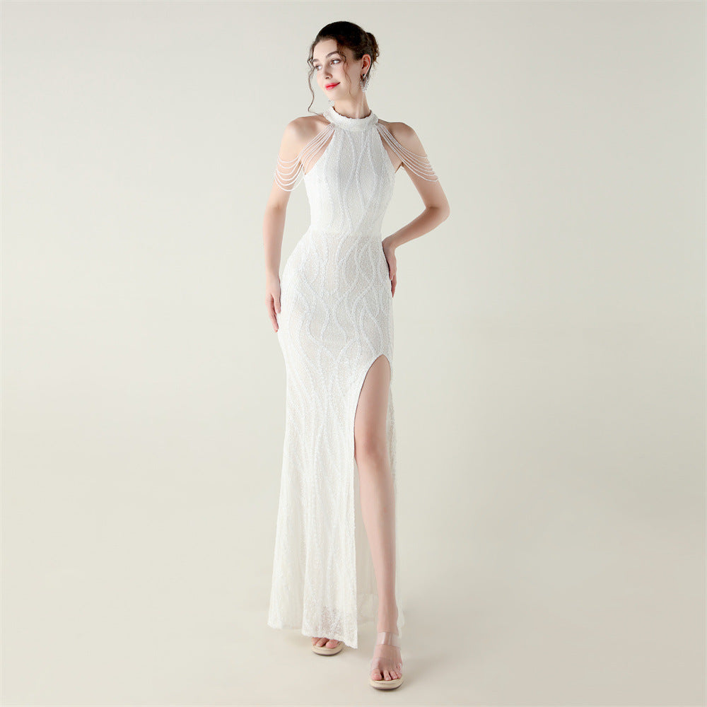 Women sequined sequined tube flower beaded sexy backless fishtail Formal Party evening dress 21