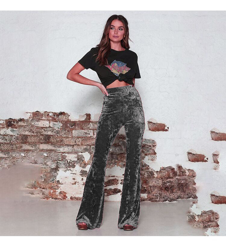 Women High Waist Gold Velvet Casual Wide Leg Bell-Bottom Pants 4