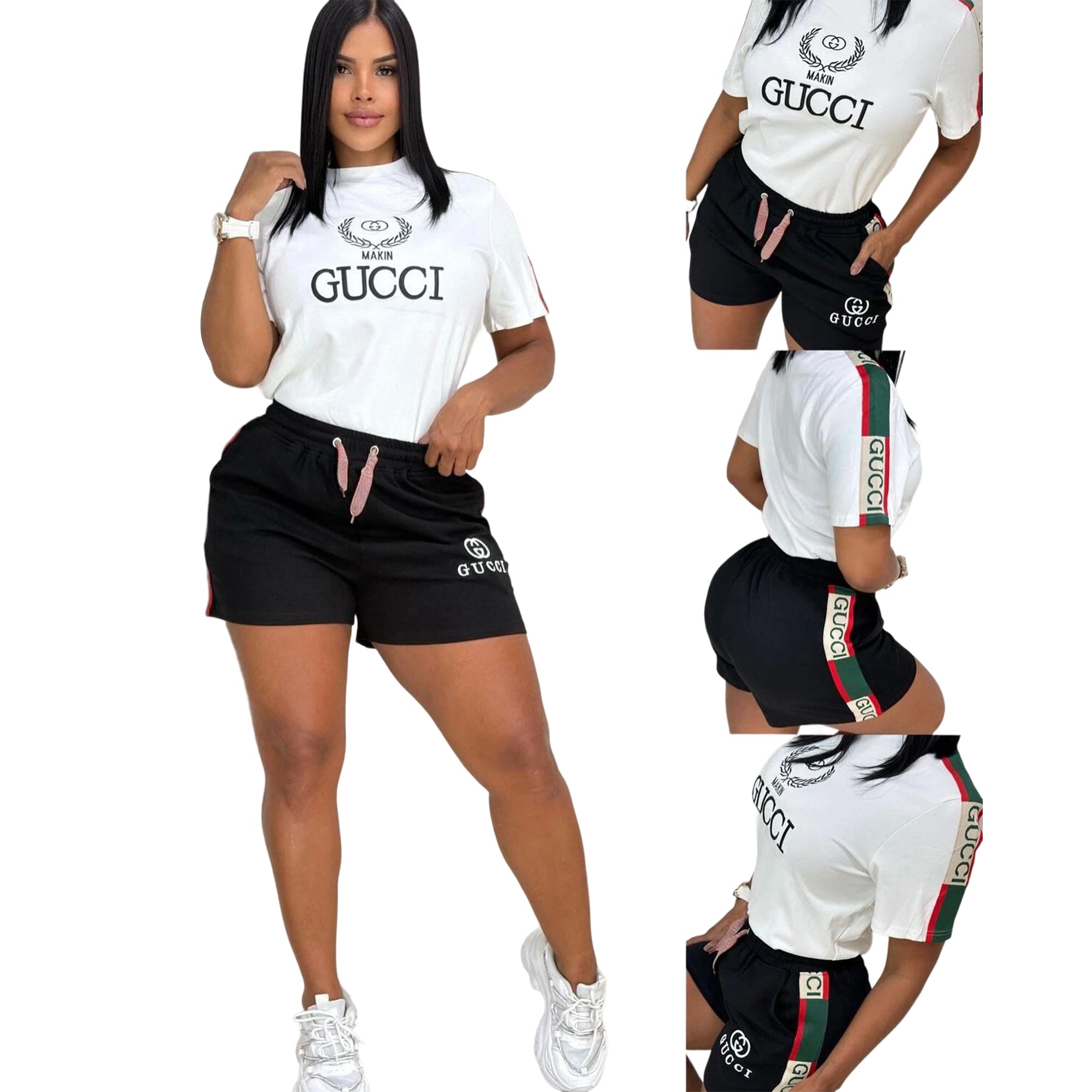 Fashionable Casual Embroidered Round Neck Top & Wide-Waist Ribbon Shorts Set 11